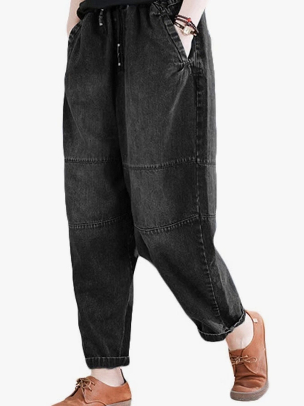 Women's Harem Cropped Pants Denim Baggy Elastic Waist Pull-on Jeans Black Medium